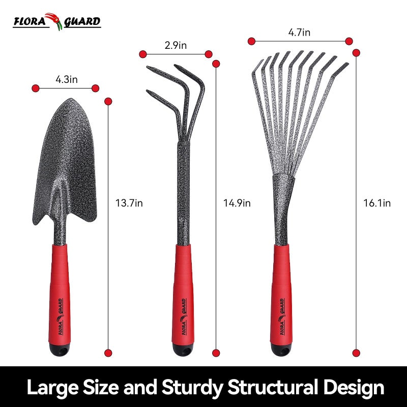 FLORA GUARD Garden Tools Set, 6-Piece Heavy Duty Gardening Hand Tools with Soft Rubber Handle, Includes Trowel, Rake, 2-in-1 Hoe & Crack Weeder, Durable Yard Tools, Essentials Garden Gift Men Women - Image 2